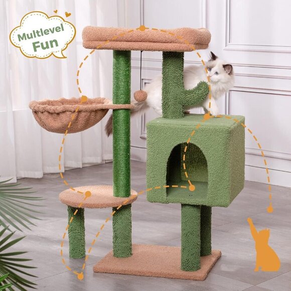MeowSir Cactus Cat Tree 34 Inches Small Cat Tower with Top Perch, Comfy Hammock. - Picture 5 of 7